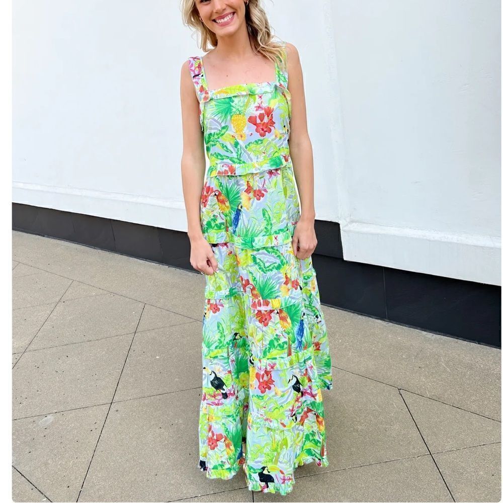 Just Bellina Vanvas Mariko Flutter Maxi Dress Lime Tropical Toucan S